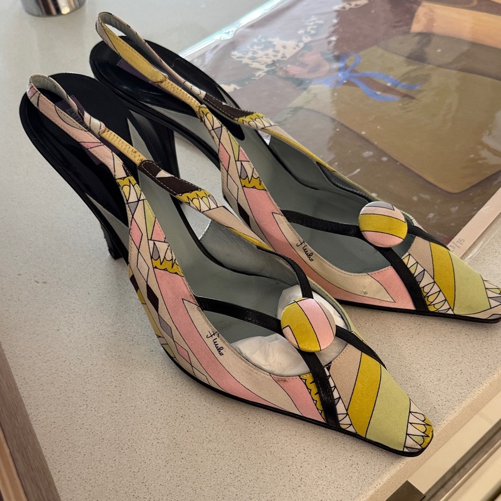 Emilio Pucci Multicolor Patterned Slingback Heels - Pink Yellow Green Black - Picture 2 of 5